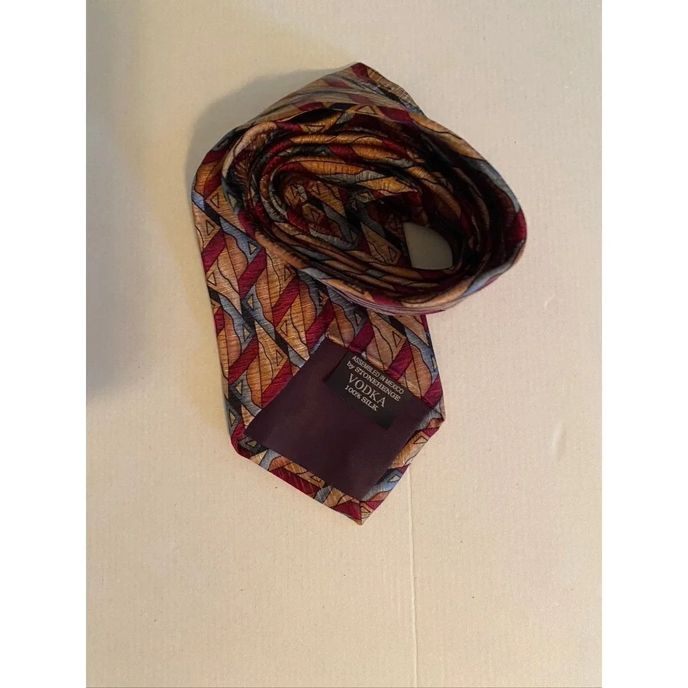 Vodka by Stonehenge Mens Silk Tie Geometric Abstract Gold Burgundy Blue